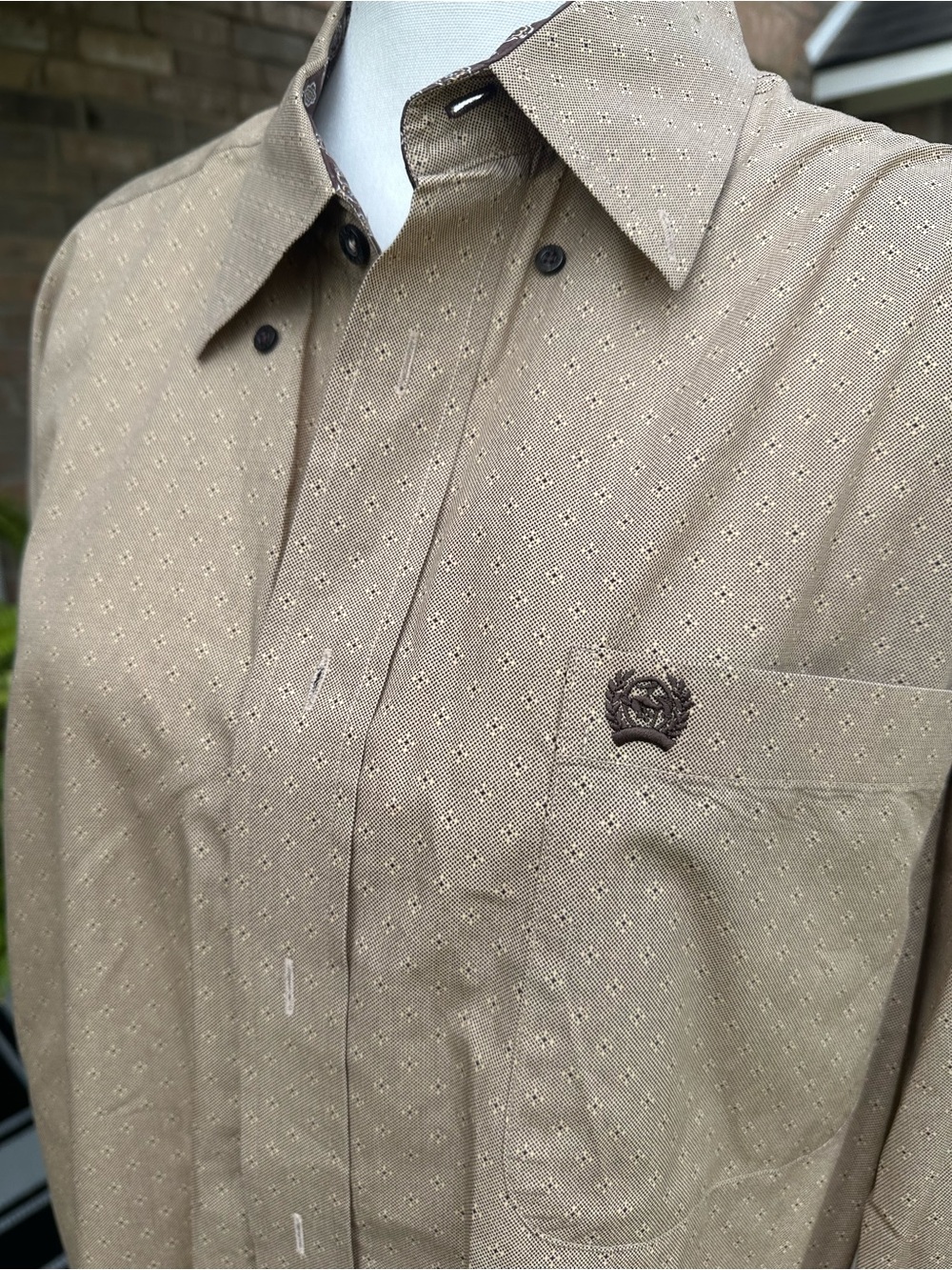 Cinch Men's Light Tan Button-Up Shirt with Brown Embroidery